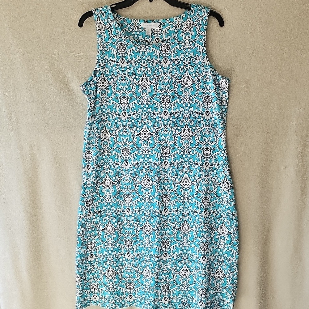 Classic Charter Club Turquoise Navy & White Knee Length Fleur De Lis Knit Dress